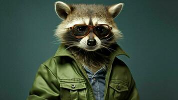 un mapache con un verde chaqueta y lentes foto