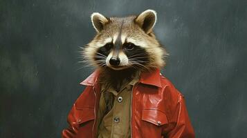 a raccoon with a jacket that says rat on it photo