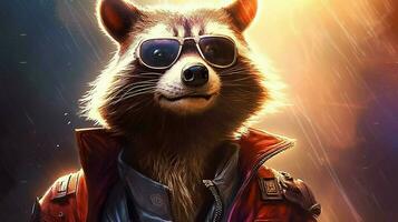 a raccoon with a jacket that saysrocket raccoonon photo