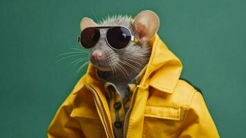 a rat in a yellow jacket and sunglasses photo