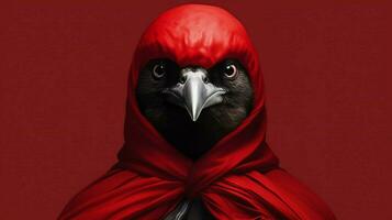 a red and black poster of a bird with a red hood photo