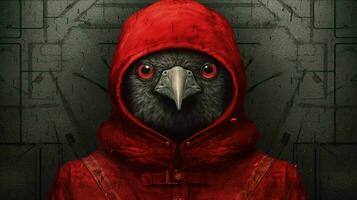 a red and black poster of a bird with a red hood photo