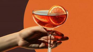 a red cocktail with an orange slice being held by photo