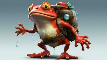 a red frog with a backpack and a backpack on his photo