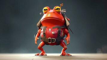 a red frog with a backpack and a backpack on his photo