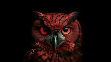 a red owl with a black face and a black eye photo