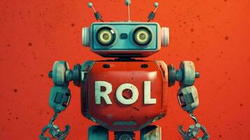 a robot with a red background and the word robot photo