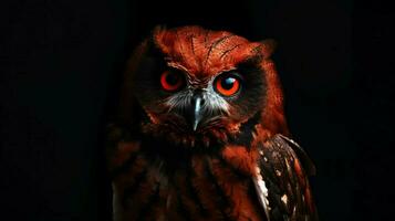 a red owl with a black face and a black eye photo