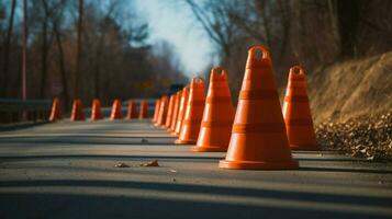 a row of traffic cones guiding drivers photo