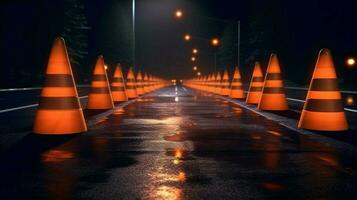 a row of traffic cones in the middle of a dark photo