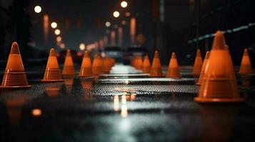 a row of traffic cones in the middle of a dark photo