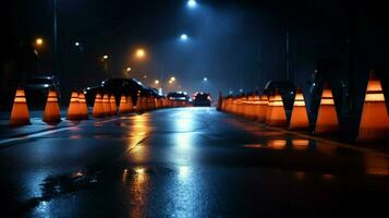 a row of traffic cones in the middle of a dark photo