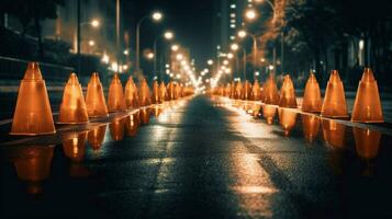 a row of traffic cones in the middle of a dark photo