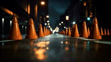 a row of traffic cones in the middle of a dark photo