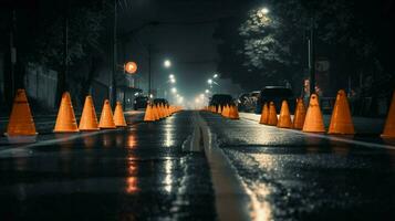 a row of traffic cones in the middle of a dark photo