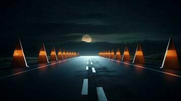 a row of traffic cones on a deserted road photo