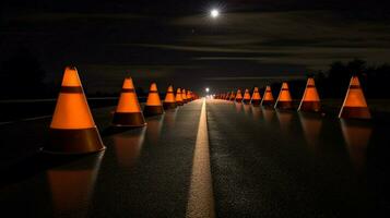 a row of traffic cones on a deserted road photo