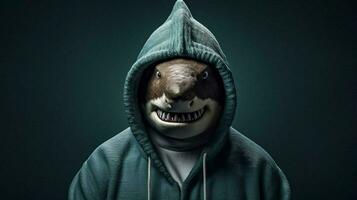 a shark in a hoodie with the names on it photo