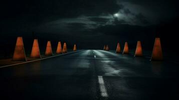 un fila de tráfico conos en un abandonado la carretera foto