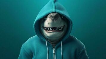un tiburón en un capucha con el nombres en eso foto