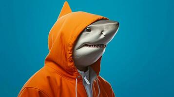 a shark in an orange hoodie with a blue background photo