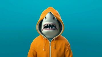 a shark in an orange hoodie with a blue background photo