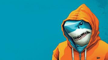 a shark in an orange hoodie with a blue background photo