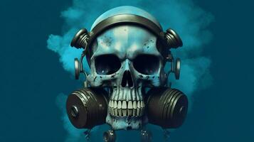 a skull with a gas mask and a blue background photo