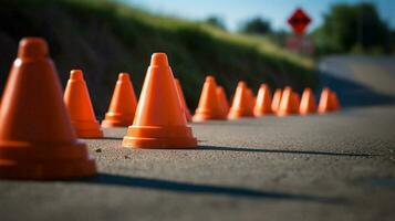 a row of traffic cones guiding drivers photo