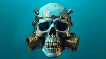 a skull with a gas mask and a blue background photo