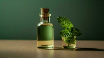 a small bottle of mint essential oil next photo