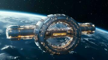 a sleek and futuristic space station floating photo