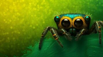 a spider with yellow eyes is on a green background photo