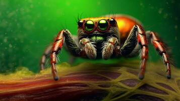 a spider with yellow eyes is on a green background photo