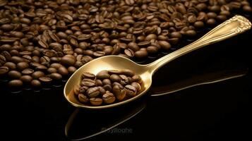 a spoon full of coffee beans is filled with coffee photo