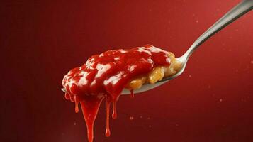 a spoonful of food with a red sauce dripping down photo