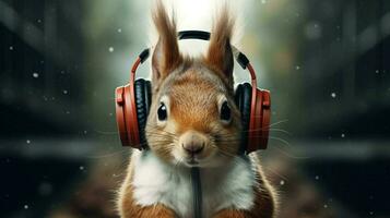 a squirrel wearing a hoodie and wearing a headphone photo