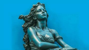 a statue of a girl with a blue background photo