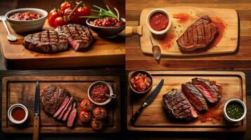 a steak on a cutting board with a bowl of tomato photo
