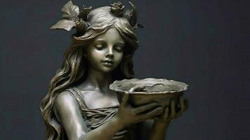 un estatua de un niña con un maceta en su mano foto