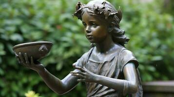 un estatua de un niña con un maceta en su mano foto