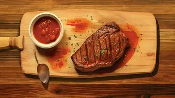 a steak on a cutting board with a bowl of tomato photo