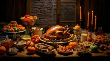 un acción de gracias mesa con un mesa lleno de comida foto