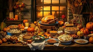 a thanksgiving table with a table full of food photo