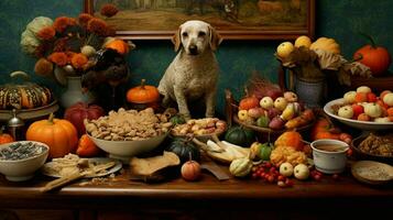 a thanksgiving table with a table full of food photo