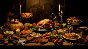 a thanksgiving table with a table full of food photo