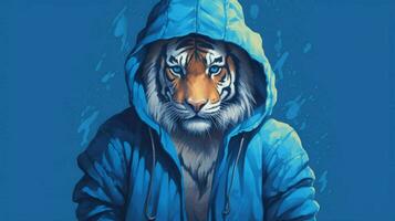 a tiger in a hoodie with a blue hoodie photo