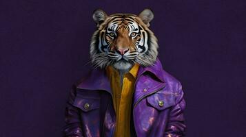 a tiger in a purple jacket with the letter photo