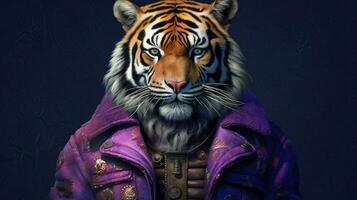 a tiger in a purple jacket with the letter photo