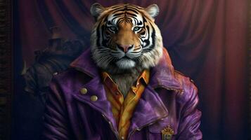 un Tigre en un púrpura chaqueta con el letra foto